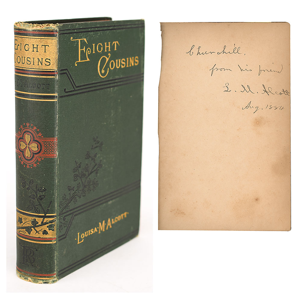 A signed copy of Alcott's book, Eight Cousins, printed by Roberts Brothers in 1884.