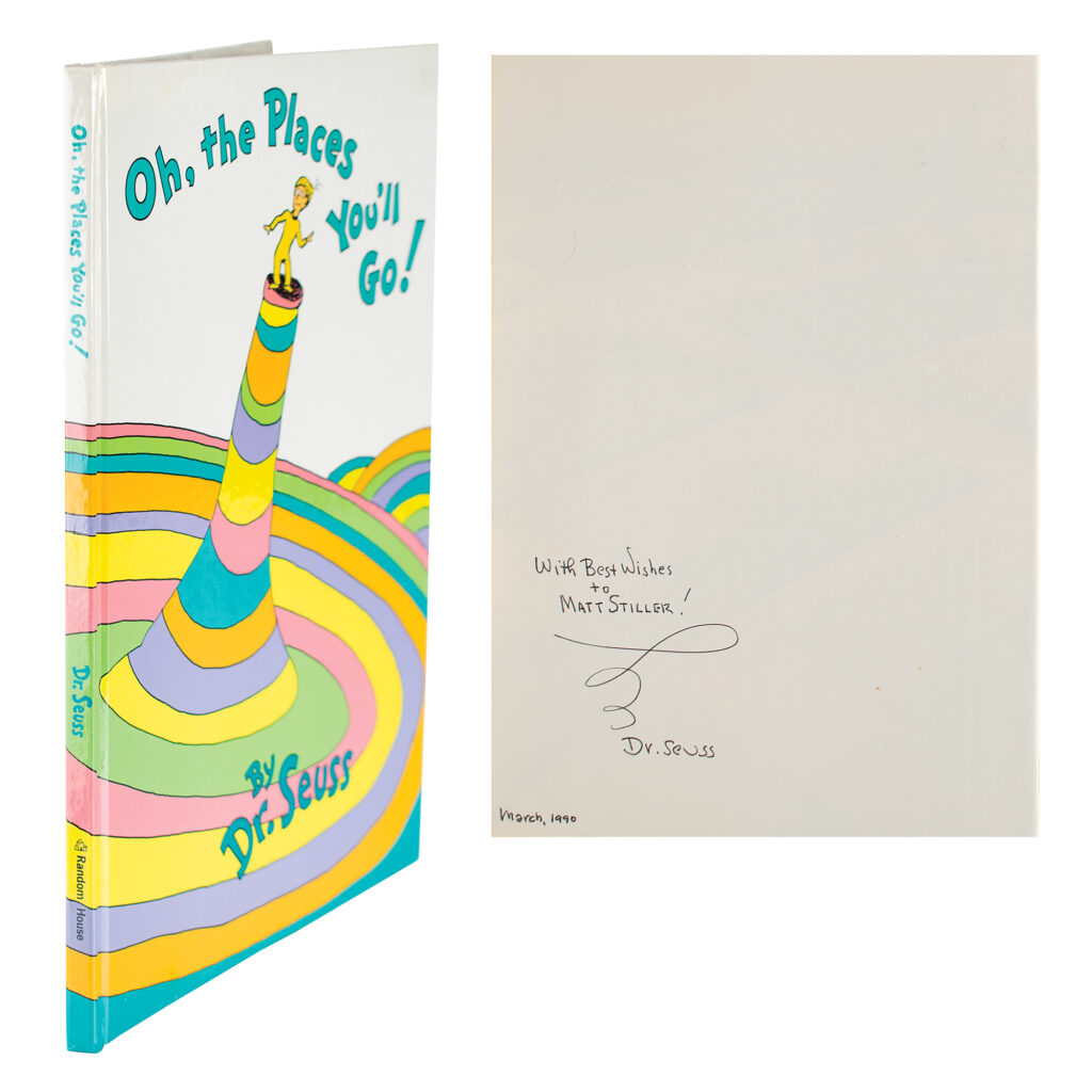 A signed copy of Seuss' Oh, the Places You'll Go featuring the inscription, "With best wishes to Matt Stiller! Dr. Seuss."