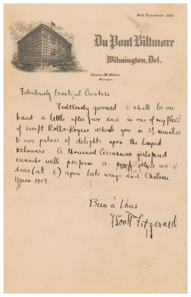 A letter written by Fitzgerald to actress Ina Claire, addressing her as a "Fabulously beautiful Creature."