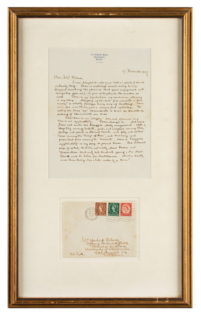 Tolkien's letter features the Oxford letterhead and includes its original mailing envelope.