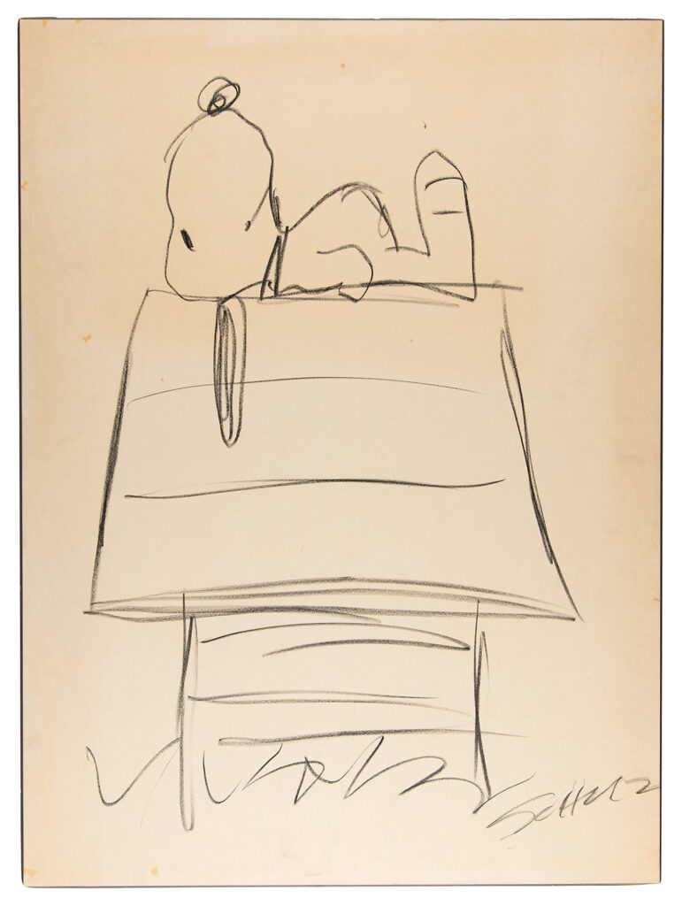 Original hand-drawn sketch of the adorable Snoopy relaxing atop his dog house with Schulz's signature at the bottom. This lot sold for $13,750 at RR Auction.