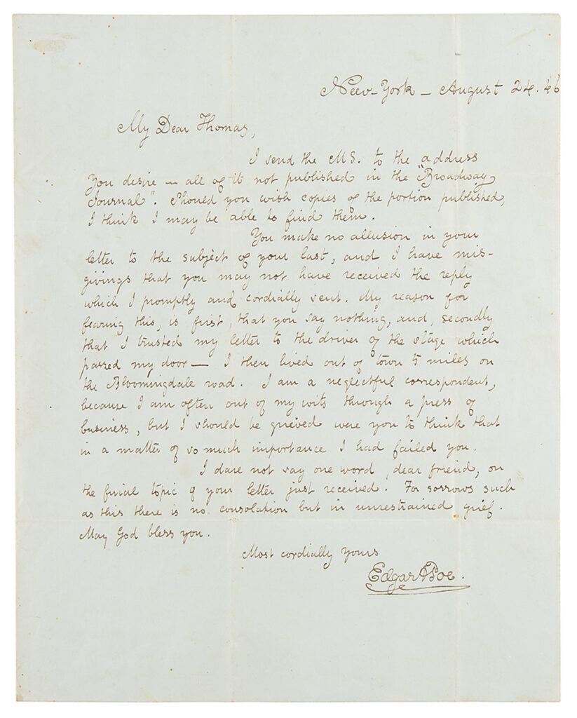 Poe's letters to a fellow writer dated August 24, 1846. Poe signs at the bottom, "most cordially yours, Edgar Poe."