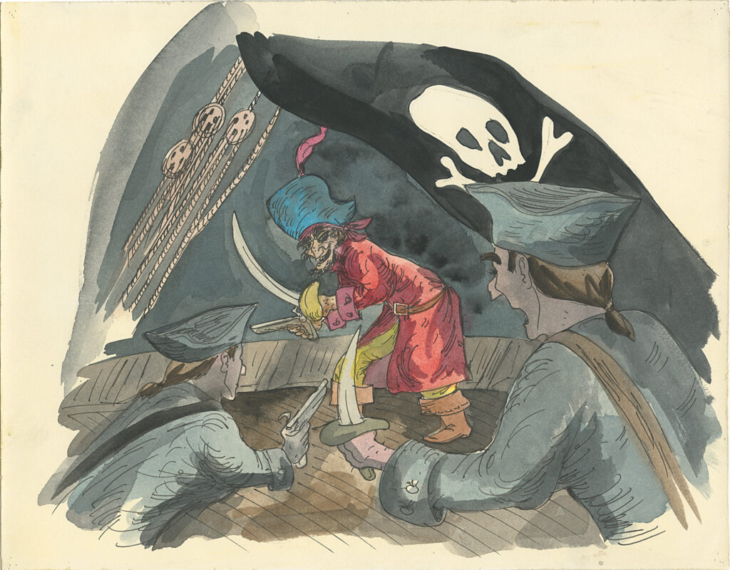 One of Davis's original watercolor concept paintings for Disneyland's Pirates of the Caribbean ride. Davis accentuates the pirate with eye-popping colors against the dreary ship's background.