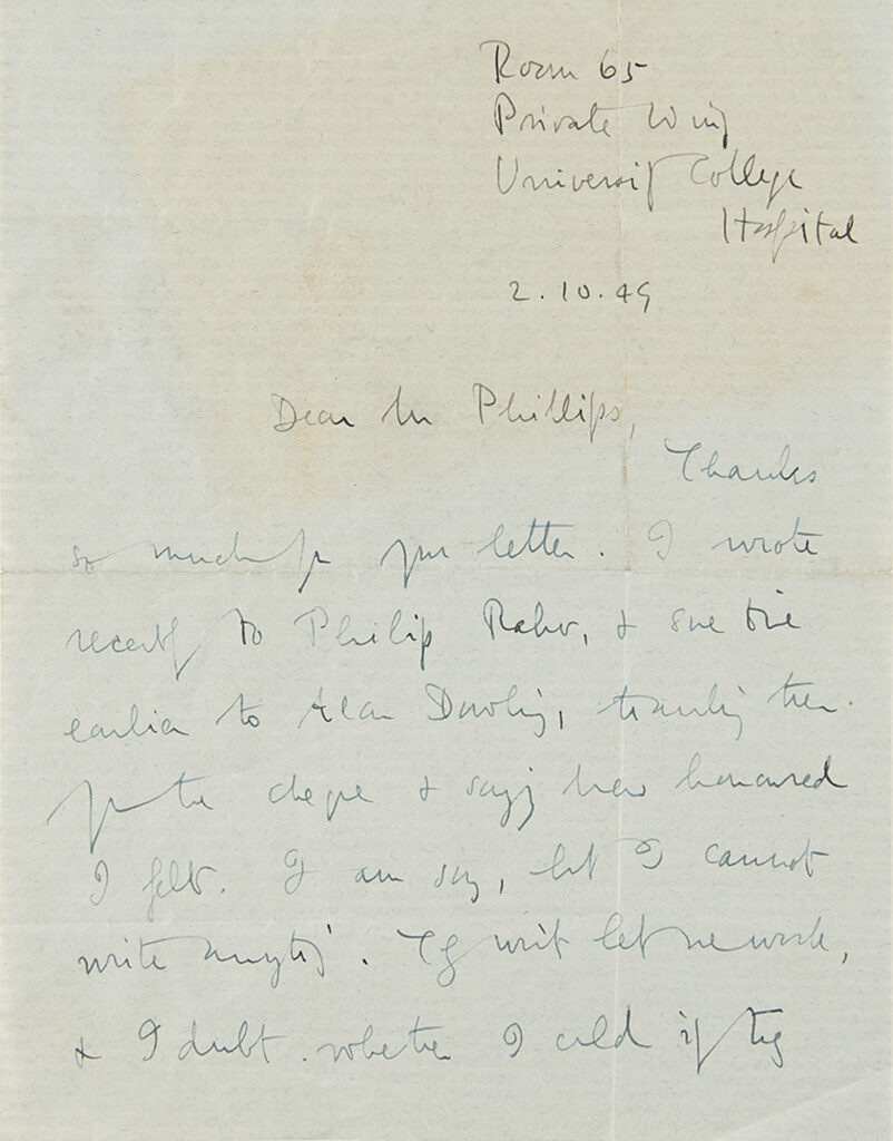 Orwell's letter from "Room 65, Private Wing, University College Hospital."