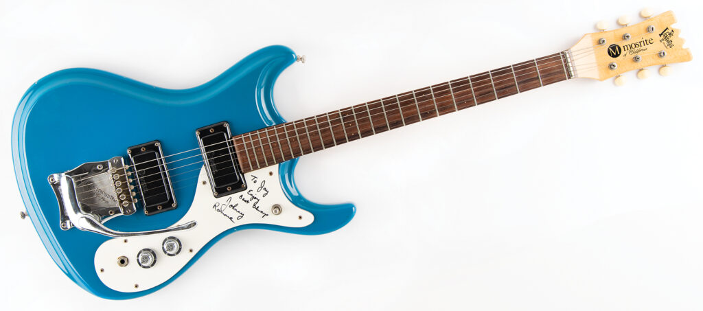 Johnny Ramone’s personally-owned and rehearsal-used 1966 blue Mosrite guitar.