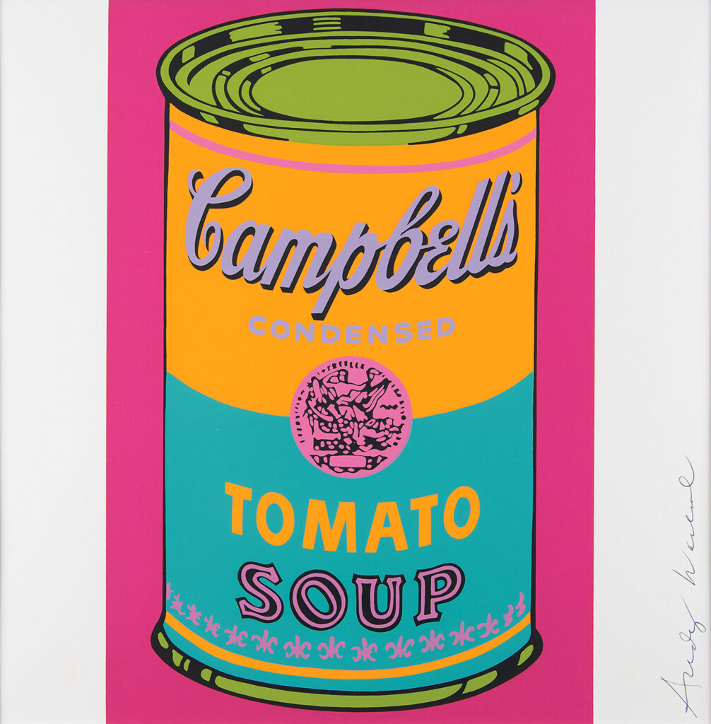 Colorful silkscreen print of a Campbell's Condensed Tomato Soup signed by Warhol in the bottom right-hand corner in black ballpoint.