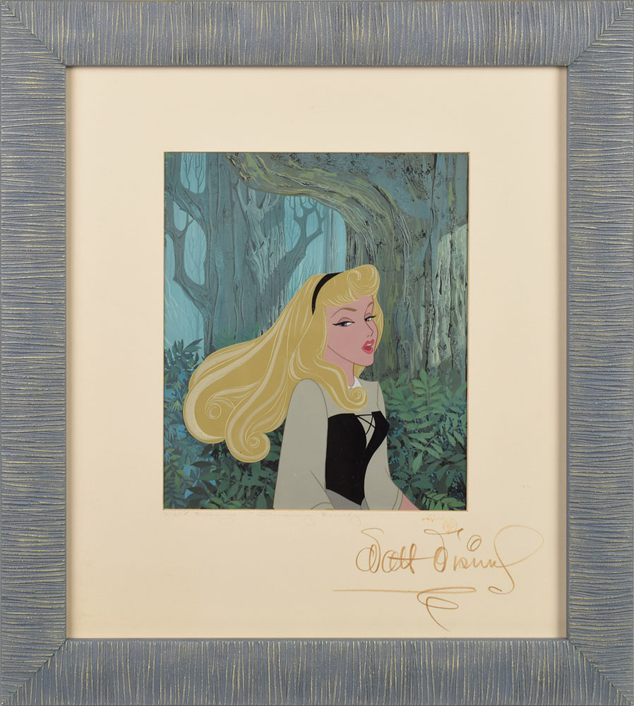 Selling for $10,578, this original production cel of Briar Rose from Sleeping Beauty was hand painted and applied to a partially painted background by Eyvind Earle.