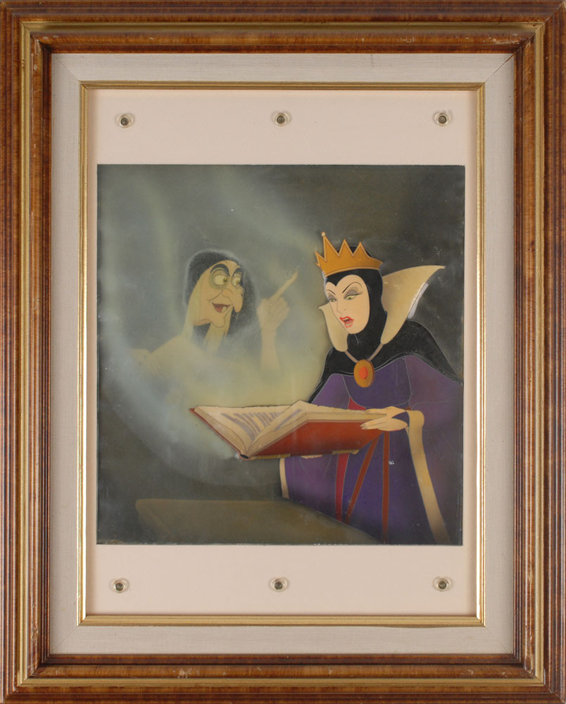 This early production cel displays the Evil Queen flipping through her spellbook while her transfigured form, the Wicked Witch, watches on from the cloudy background.