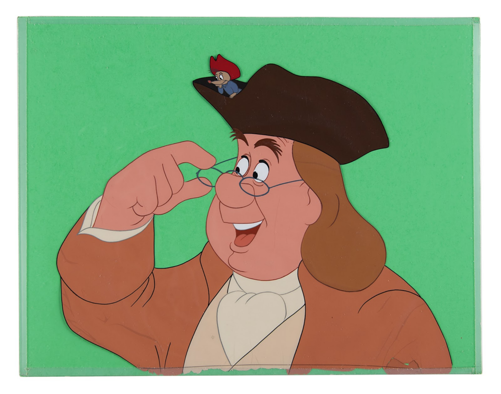 Original production cel from 1953’s Ben and Me, with Amos Mouse perched atop Ben Franklin’s hat.