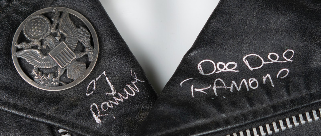 Dee Dee and CJ Ramone’s signatures prominently featured on the jacket’s lapels in silver sharpie. 