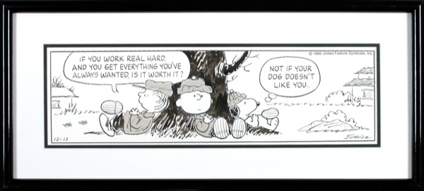 A Peanuts daily comic strip featuring Charlie Brown, Linus, and Snoopy leisurely chatting under a tree. Schulz hardly ever used a one-panel format for his comic strips, making this piece an interesting find.