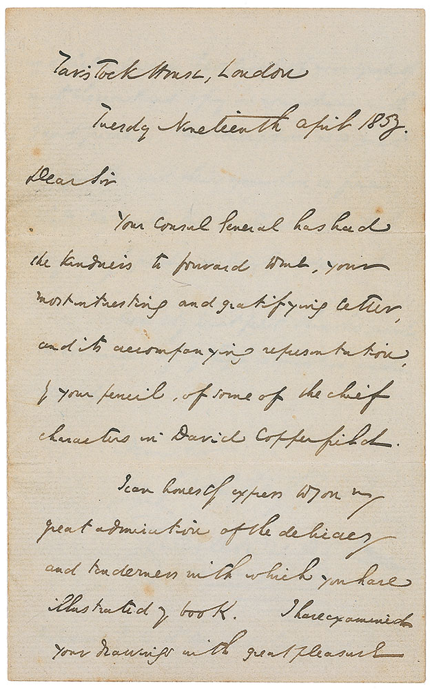 Dickens' letter written to a Dutch artist and teacher dated April 19, 1853.