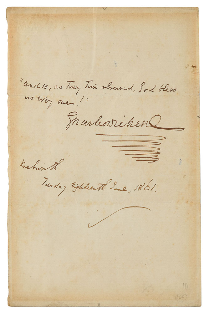 A quote from A Christmas Carol written and signed by Dickens.