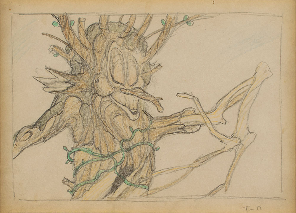 Tenggren's concept drawing of a tree for Snow White and the Seven Dwarfs using graphite and colored pencil. RR sold this detailed piece for $4,868.