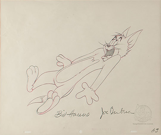 Original production drawing featuring Tom the cat looking up in fear. 