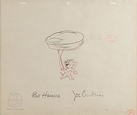 Original production drawing of Jerry the mouse balancing a dish on the end of some silverware. Bill Hanna and Joe Barbera signed both drawings in pencil.