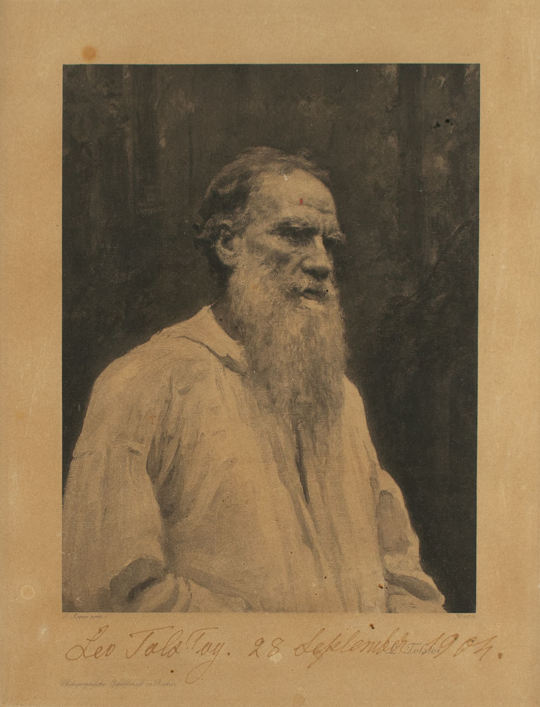 This portrait of Tolstoy is a close-up crop of the author standing barefoot in his garden.