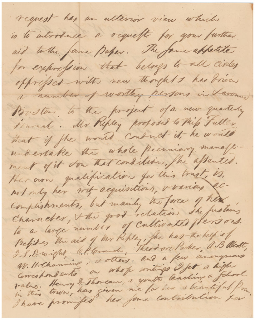 Emerson mentions other transcendentalist pioneers in this letter including Margaret Fuller and Henry David Thoreau.