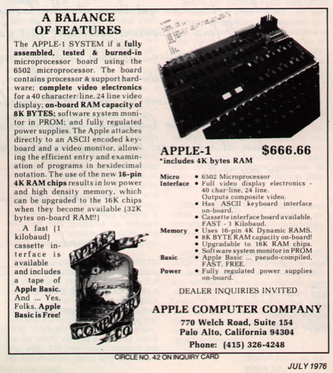 Apple's first-ever advertisement for the Apple-1 released in 1976, two months after the company's founding.