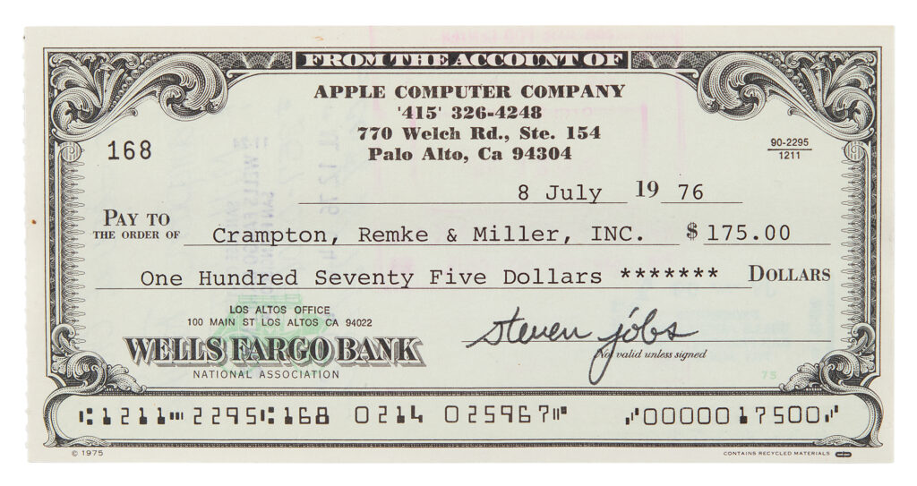 Steve Jobs signed check payable to Crampton, Remke & Miller, Inc. for $175. The check uses Apple's first address at "770 Welch Rd., Ste. 154, Palo Alto, California," – the location of an answering service and mail drop they used while operating out of Steve Jobs's family garage.