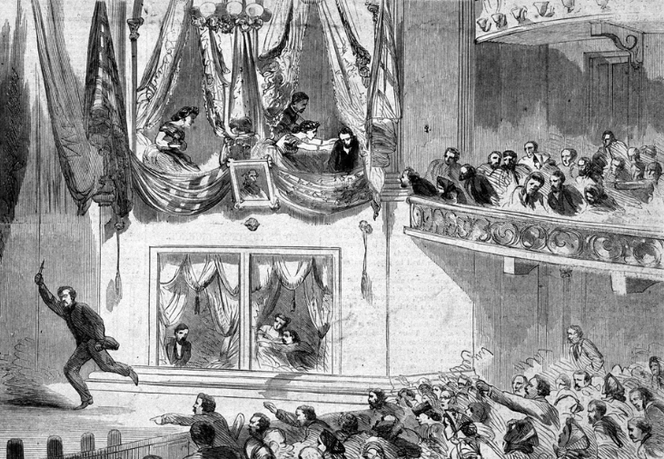 This image was published in Harper’s Weekly on April 27, 1865, showcasing Booth’s Flight from Lincoln’s box. This sketch is also a representation of approximately the same view the two playgoers had of the events.