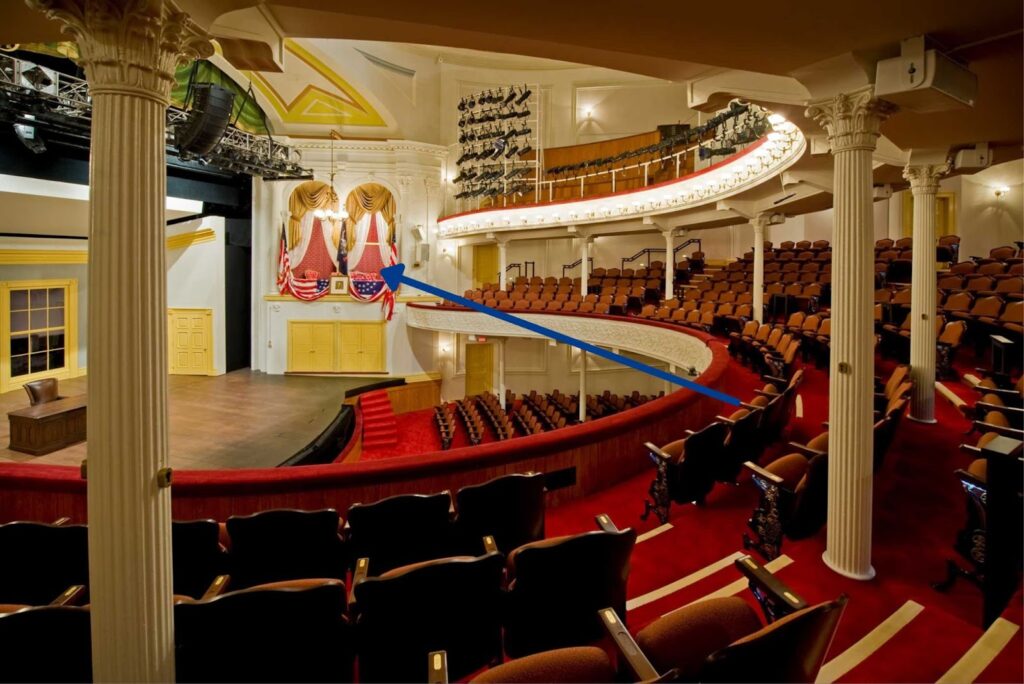 Ford’s Theatre was reconstructed again in 1964 and was completed and re-opened to the public in 1968. This diagram shows the view from seats 41 and 42 of Lincoln’s box after this latest restoration.