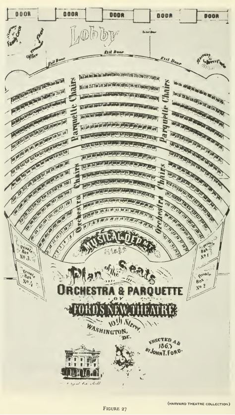 The Orchestra seating chart of Ford’s Theatre after the 1863 reconstruction. This was the first level of seating, and the private boxes pictured on the lower left and right-hand sides would have been on the same level as the stage.