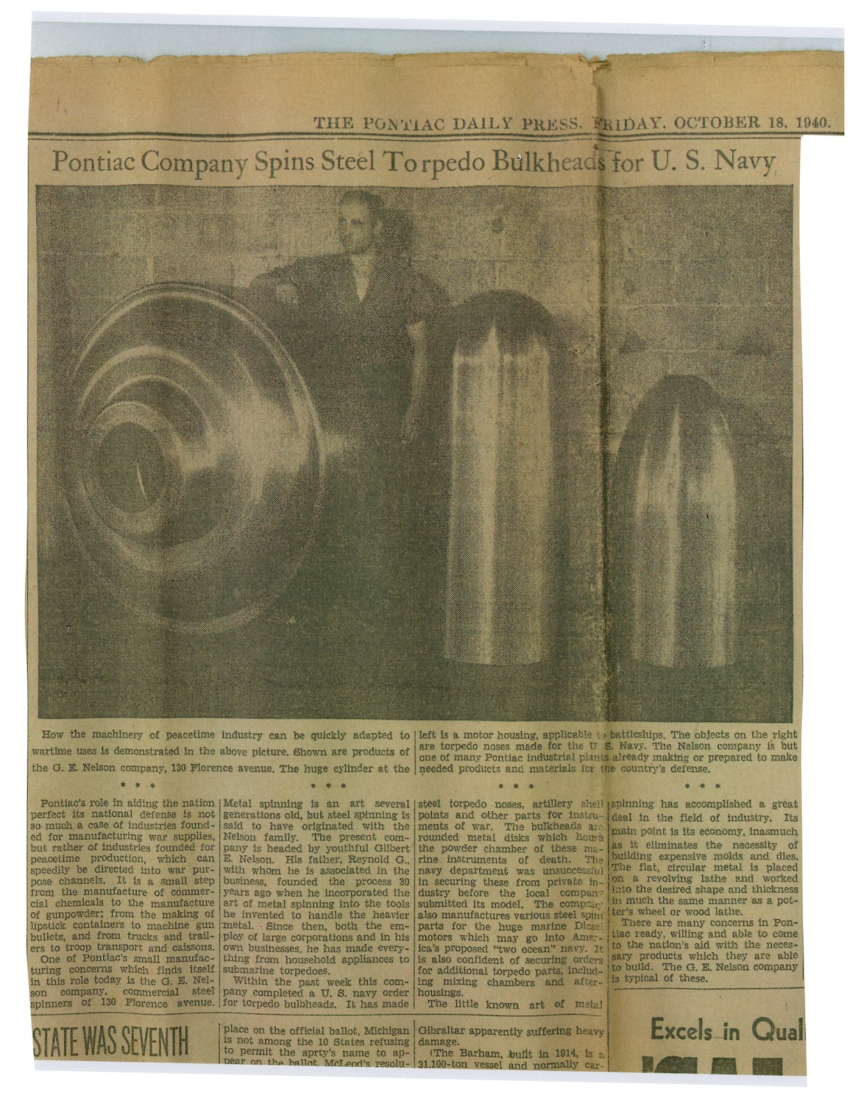 A newspaper page dated October 18, 1940 from the Pontiac Daily Press on the G. E. Nelson Company’s business creating bulkheads for the U.S. Navy. This story was published four years before the company would be approached for their assistance in the Manhattan Project.