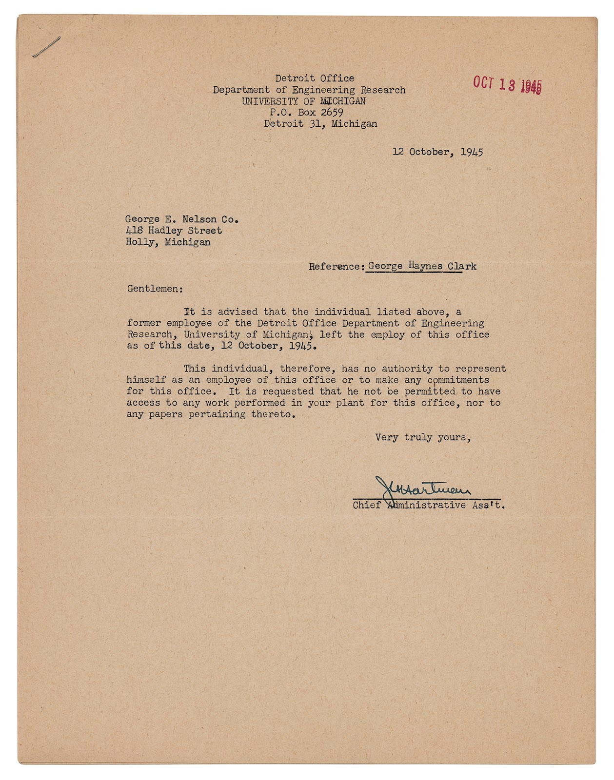 A document from the University of Michigan regarding the leave of George Haynes Clark, a former employee of the Department of Engineering Research at the University of Michigan.