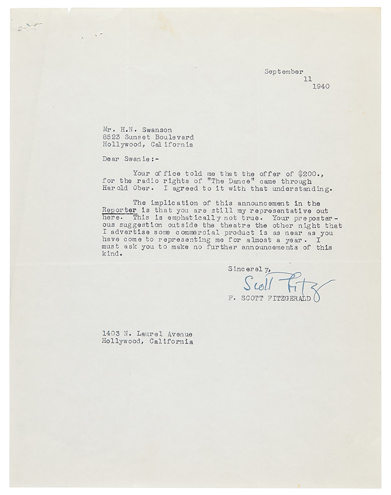Fitzgerald’s letter to his former agent dated 1940 and signed, “Scott Fitz.” This lot sold at RR Auction for $5,745.
