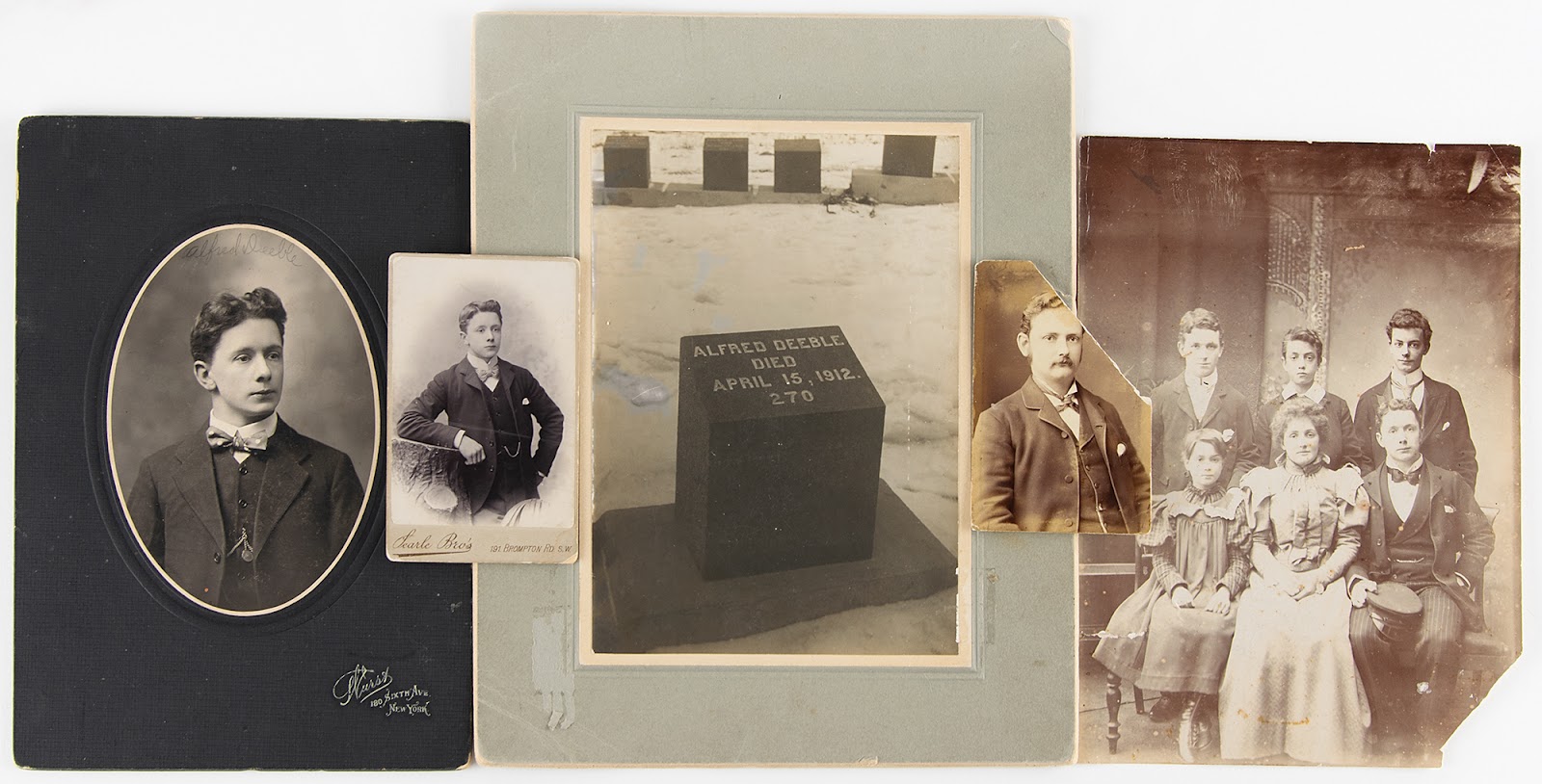 Original photographs from Deeble’s family depict him in three portraits (two leftmost and second from the right), his grave marker in Nova Scotia (center), and a family photo of Alfred alongside his siblings Lily, Ada, Albert, Ernest, and Charles (right).