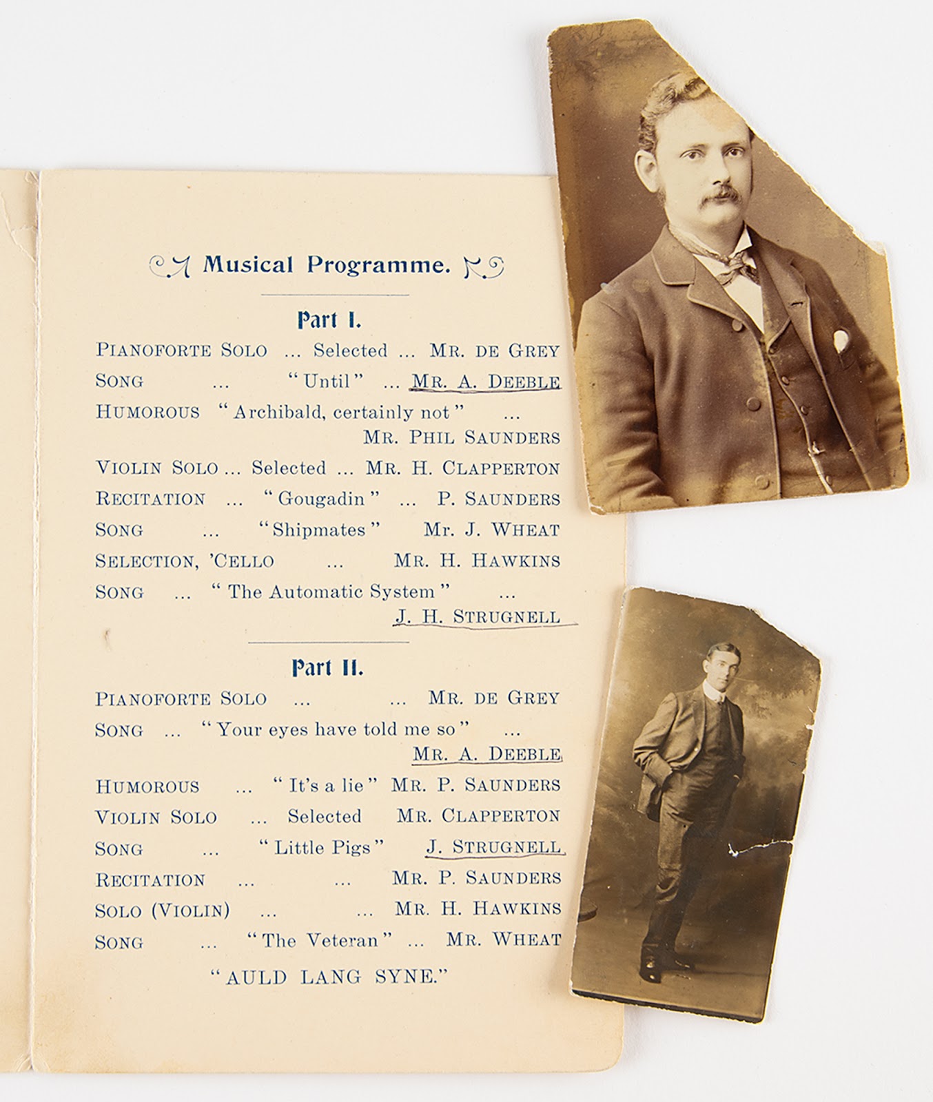 Program from the Adriatic Athletic and Social Club for April 28th, 1911. Listed as part of the musical programme are singers and soon-to-be Titanic passengers Alfred Arnold Deeble and John Herbert Strugnell. Beside the program are two early 20th-century portraits of Deeble (top) and Strugnell (bottom).