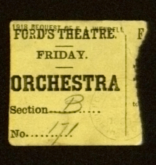This Ford's Theatre ticket stub is held by Harvard University's Houghton Library, bequest by Evert Jansen Wendell in 1918. Featured next to the seating information is a faint stamp that confirms the ticket’s date as April 14, 1865.