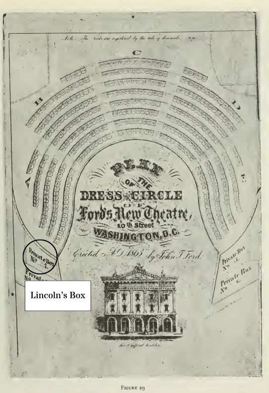 The dress circle seating chart of Ford’s Theatre after its 1863 reconstruction, showing the private boxes in the lower left and right-hand corners. The dress circle was the second level of seating, and the private boxes pictured were on the same level as the dress circle.