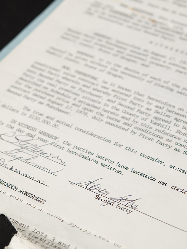 Real Estate document signed by Steve Jobs in blue ballpoint for Yamhill County, Oregon.