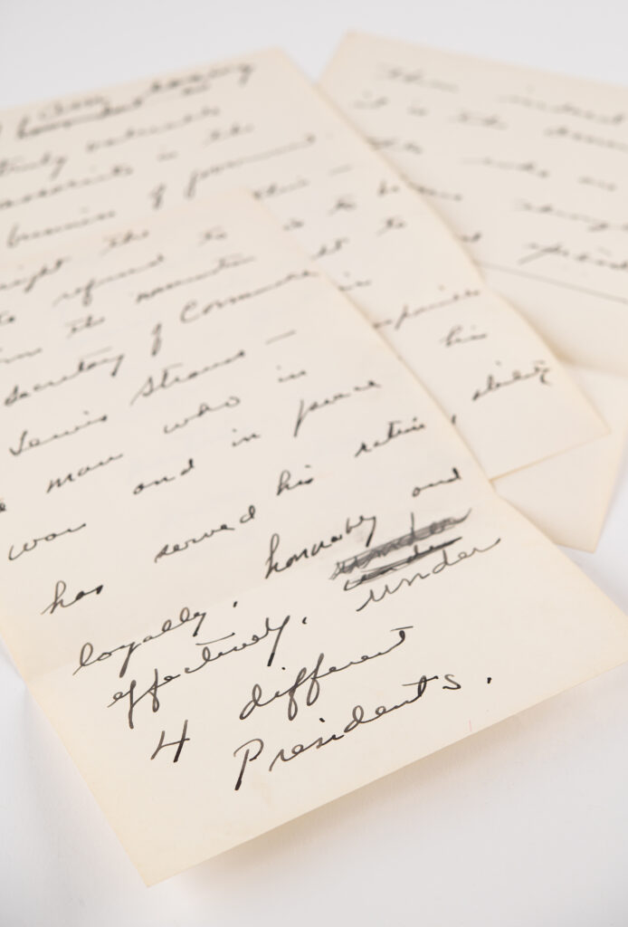 Eisenhower’s handwritten manuscript featuring his cursive script and some annotations.
