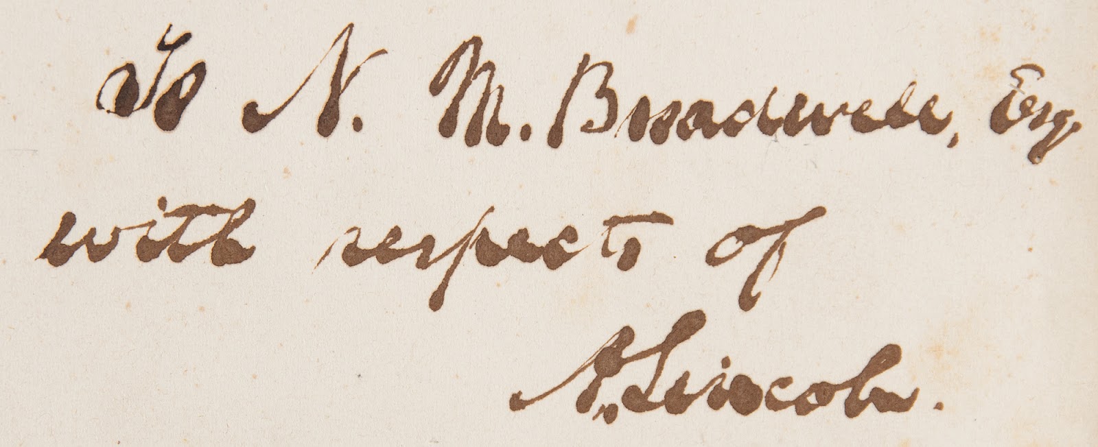 Lincoln’s inscription and signature written in ink, “To N. M. Broadwell, Esq., with respects of A. Lincoln.” Broadwell studied law as a preceptor under Lincoln beginning in 1852.