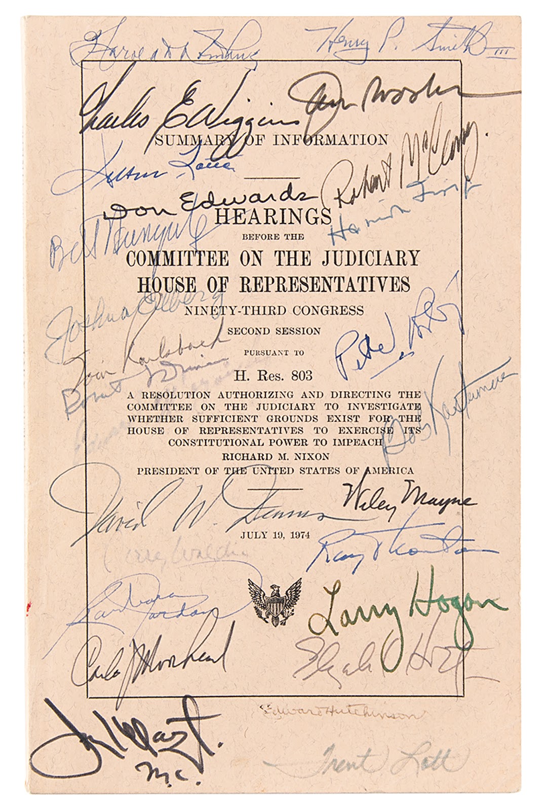Autographed copy of “Hearings Before the Committee on the Judiciary, House of Representatives, Ninety-Third Congress, Second Session, Pursuant to H. Res. 803.”