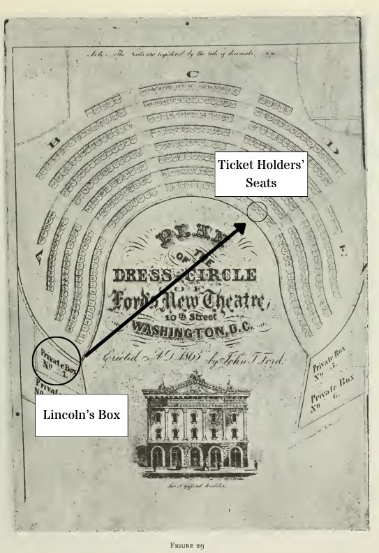 Seating chart of Ford’s Theatre’s dress circle, showcasing seats 41 and 42 in proximity to the presidential box where Lincoln sat.
