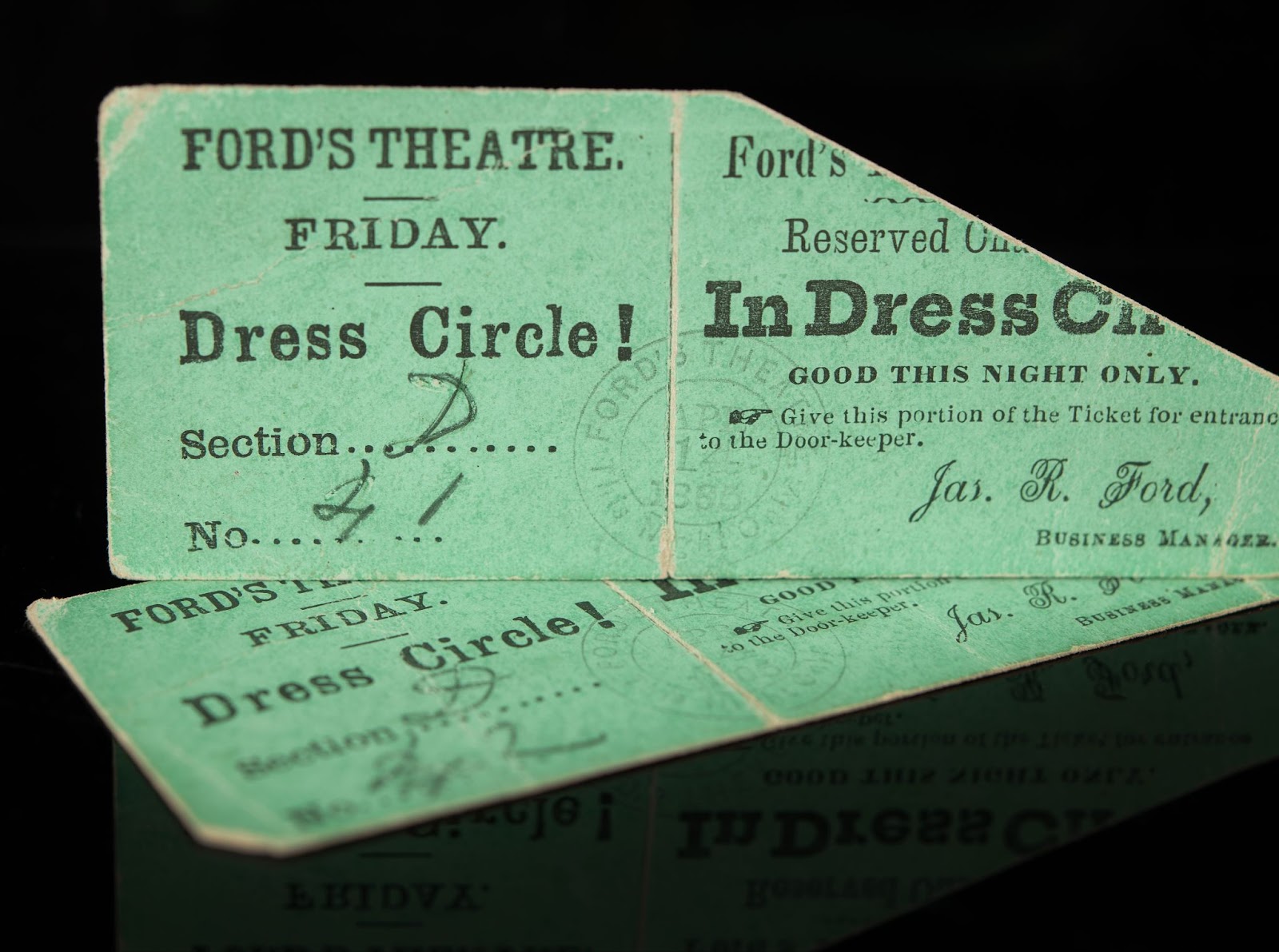 Two dress circle tickets to Ford’s Theatre’s production of ‘Our American Cousin,’ stamped with the date April 14, 1865.