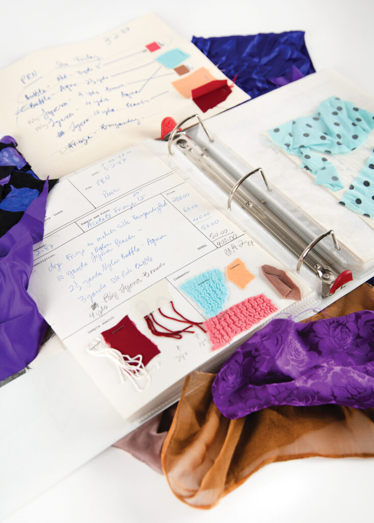 Collection fabric swatches used to create outfits for three of Prince’s tours for the 1985 - 1987 period. Invoices from this collection indicated sales to the following: “Prince (Sara),” “PRN Productions,” “Julia Fry [design assistant]”, and “Louis & Vaughn Prince Account.”