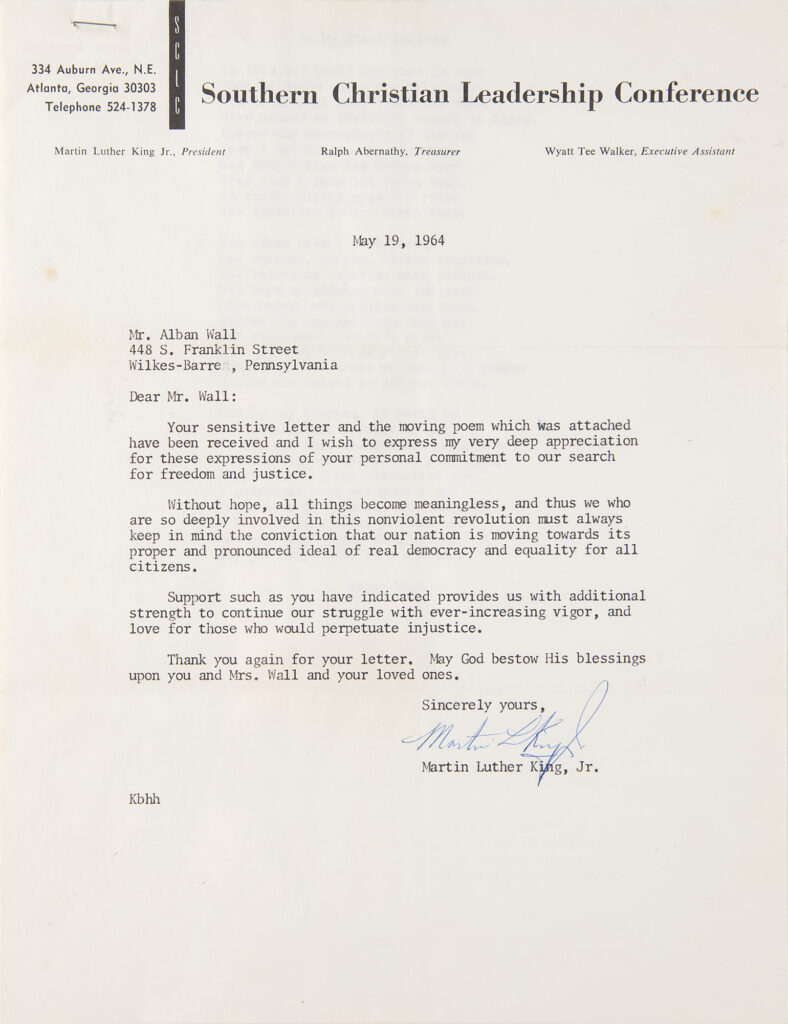 King’s letter to Wall, dated May 19, 1964, a day after joining protests in St. Augustine.
