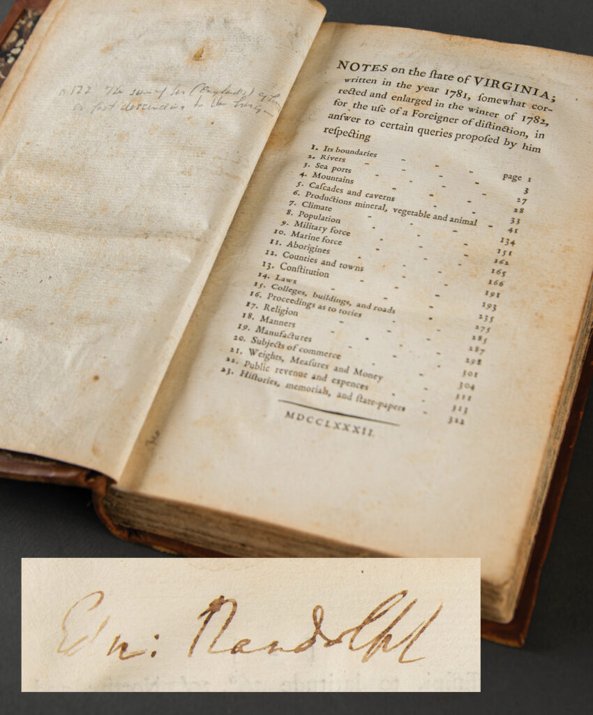 Thomas Jefferson: First Edition of Notes on the State of Virginia (Edmund Randolph's Copy, Signed and Annotated).