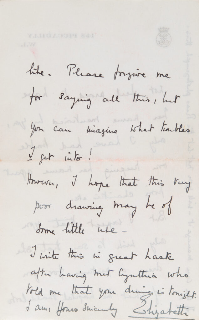 The last page of Elizabeth, the Queen Mother’s letter to author J. M. Barrie, mentioning Elizabeth’s ‘poor drawing.’