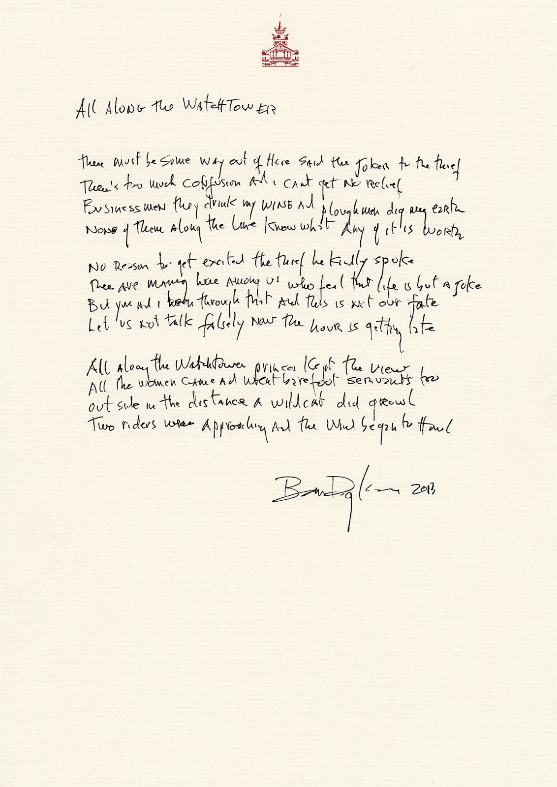 Bob Dylan’s handwritten lyrics for ‘All Along the Watchtower,’ signed and dated at the conclusion, “Bob Dylan, 2013.”
