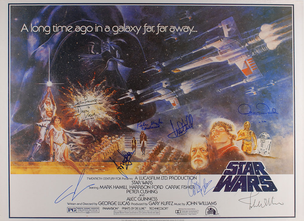 Poster for the first Star Wars film, signed by George Lucas, Harrison Ford, Carrie Fisher, Mark Hamill, Anthony Daniels, Peter Mayhew, John Williams, and David Prowse.