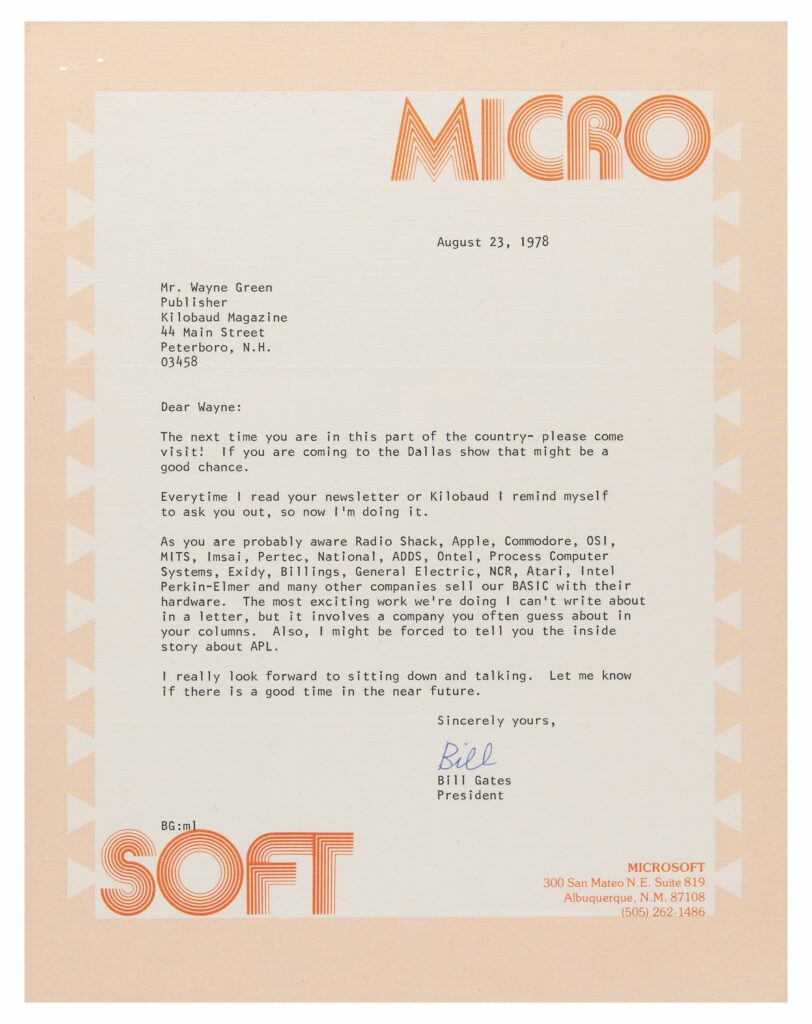 Bill Gates early typed letter mentioning his BASIC software and other companies Apple, Atari, and RadioShack.