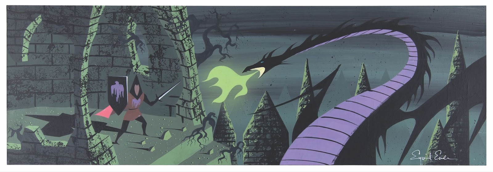 Prince Phillip amid his final battle with a fire-breathing Maleficent in a concept painting for 1959’s Sleeping Beauty.