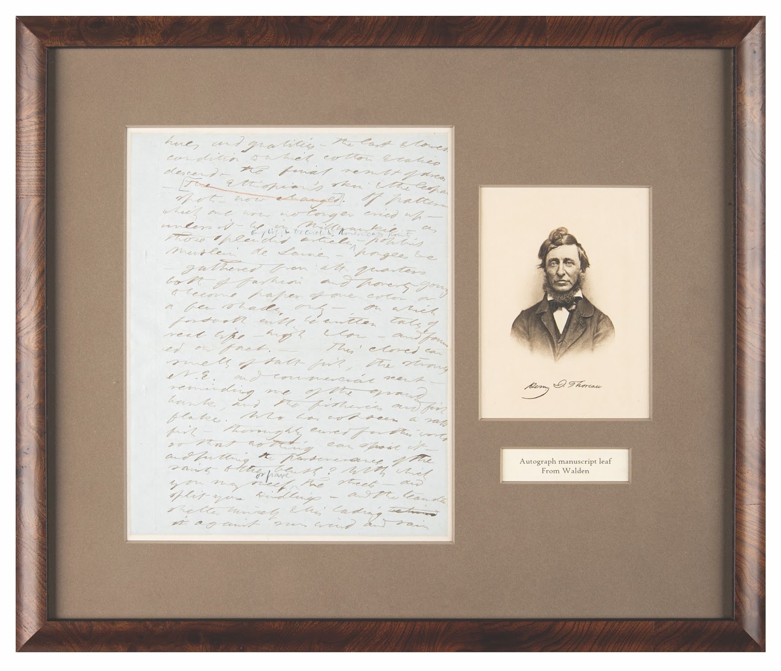 Handwritten manuscript page from Henry David Thoreau’s draft of Walden, mounted next to a photo of the author.