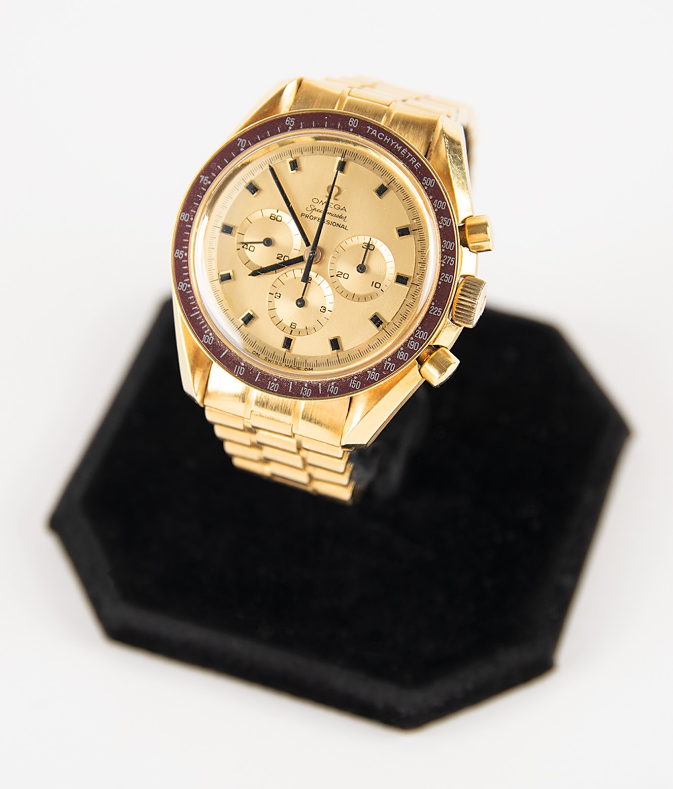 Wally Schirra’s 18K gold Omega Speedmaster professional 1969 Apollo 11 commemorative watch.